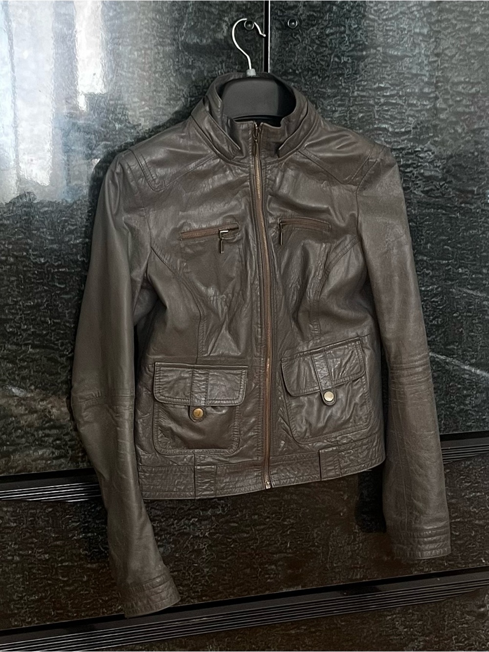 Vintage Zara Classic Dark Brown/Grey Leather Moto Jacket